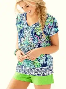 Lilly Pulitzer Blue White Linen Top XXS XS Small V Neck TINY PULLS SEE PHOTO