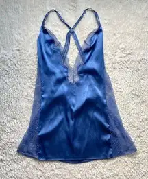 Victoria’s Secret Satin Mini Slip Dress L Sheer Lace Sides Low back Deep V Blue