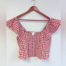 NWT Kirious Plaid Flutter Sleeve Shirred back Top. Sz L Red Gingham daisy