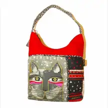 Laurel Burch Black Red Gray Canvas Cat Tote