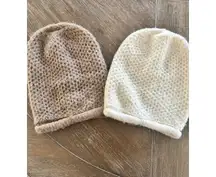Two Free People Waffle Knit Wool Beanies Beige & Cream