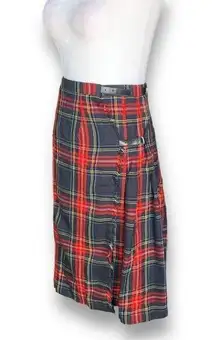 Vintage Herman Geist Skirt Red Black Stewart Tartan Plaid Pleated Wool Fringe