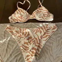 Aurielle Tan and White Zebra Bikini Set w/ Wrap