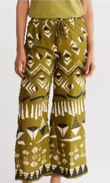 T Tahari Drawstring Waist Olive Patterned Wide-Leg Pants