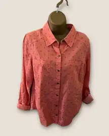 Como Vintage Button Front Long Sleeve Shirt Floral Motif Peach Small
