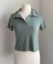 BP Cropped Baby Tee Polo Womens Sz Large Green Ribbed Stretch Cap Sleeve Y2K