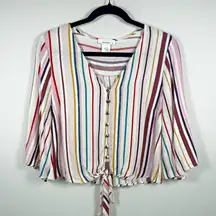 Urban Romantics Women's Striped Tie Front Crop Top Size M Multicolor Button Down