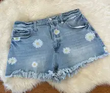 Denim Distressed Daisy Print Blue Jean Shorts