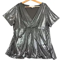 Denim 24/7 Babydoll Blouse Women’s L Silver Metallic Y2K Glam Party Holiday