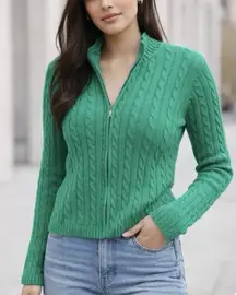 LL Bean Teal Mock Neck Full Zip Cable Cotton Cardigan Sweater Size LARGE PETITE