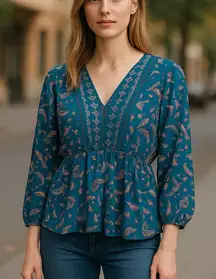 Style & Co Womens Blue Long Sleeve Paisley Print Peasant Oversized Blouse Small‎