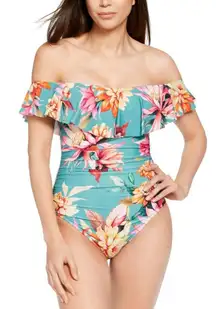 Floral Ruffle Off Shoulder One Piece Swimsuit Ruched‎
