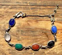 Vintage Egyptian Revival Scarab Bracelet MultiStone Carved Beetles‎ Silver