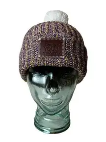 Love Your Melon Cuffed Knit Beanie Hat Purple Yellow Patch Cotton Winter Pom‎