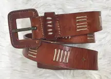 VINTAGE 90s Y2K Whiskey Brown Embroidered Leather Belt Cognac Classic‎ Medium