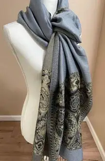 Pashmina Scarf Paisley Gray Tassels 29 X 72