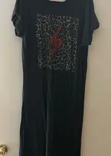 Black T-Shirt Dress with Leopard Print and Red Lightning Bolt Size Large