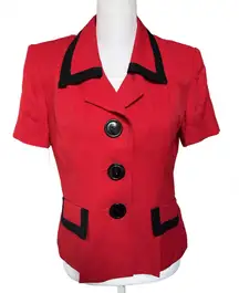 VNT 80s career bold red short sleeve shoulder pads black trim peplum blazer XS