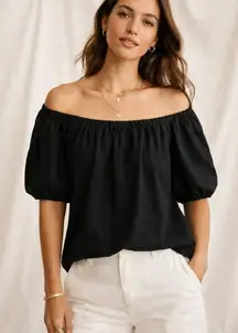 Anthropologie Black Textured Off Shoulder Puff Sleeve Top Womens XS