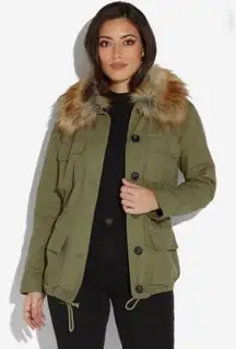 JustFab Utility Jacket With Fur Martini Olive Size S NWT Reg $86.95