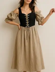 Cottagecore Renaissance Corset Midi Dress Puff Sleeve Linen Prairie Style Sz L
