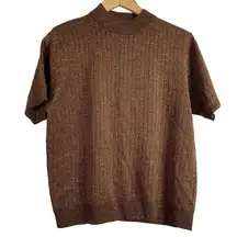 Sag Harbor Knit Top Women Sz M Brown Metallic VTG Ribbed Mock Neck Short Sleeve