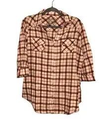 Seven7 Orange Plaid Design Top Women’s Size Large Button Down Collared Shirt!