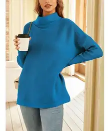 Women's Mock Turtleneck Sweater Long Batwing Sleeve Split Hem (630)