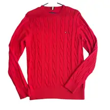 Tommy Hilfiger Size S Cable Knit Crewneck Sweater Red Cotton Relaxed Fit Winter