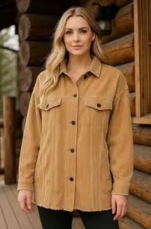 ZARA Tan Corduroy Oversized Shacket Button-Up Raw Hem Holiday Cabin Cozy M