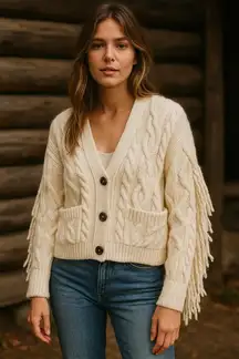 MNG Mango Cable Knit Fringe Cardigan Sweater Cream Small