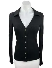 Whimsy + Row Black V Nek Ribbed Knit Collared Long Sleeve Button Up Top Size XS