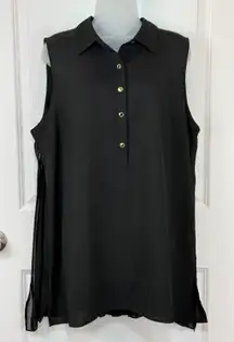 Roz Ali Black Sleeveless Collared Pleated Sheer Button Front Top Women XL Sheer