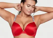 Victoria's Secret VERY SEXY Bombshell Add-2-cups Shine Strap Push-Up Bra & Victoria Secret Panty Brazilian Shine Strap Red Bling Logo Satin New