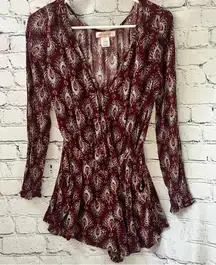 Band of Gypsies Long sleeve Deep V Burgundy Peacock‎ Feather Design Romper Small