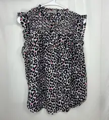 NWOT LOFT women’s black white pink‎ leopard print ruffle elastic button blouse M