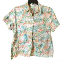 Chico’s bamboo Tropical‎ Leaf Print button front shirt blue 3 Large