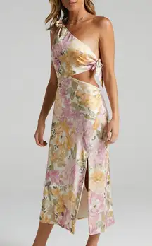 Showpo Glaucus Cut Out Satin Floral One Shoulder Midi Dress Sz 8 NWT