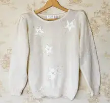 Vintage cream white sequin star puff sleeve knit wool sweater cottagecore S