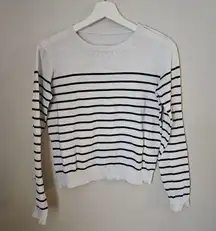 SHEIN Top Blouse Sweater Knit Striped White Black Buttons Crewneck Casual