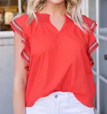 Ellison Women's Size Large Red Embroidered Ruffled Sleeves‎ Blouse