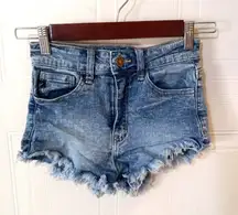 KanCan 0 / 23 High Rise Acid Wash Denim Cut Off Booty Jeans Raw Hem Short Shorts