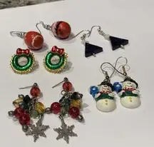 Lot Of 5 Costume Earrings Pierced Christmas Holiday Snowman Santa Wreath Etc