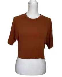 Naadam Ribbed Lightweight Cropped Top Tee Cashmere Blend Short Sleeves Size S