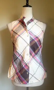 St.Tropez West Linen‎ stripe Short Sleeve Shirt Sm Fall Boho Cottagecore Whimsi