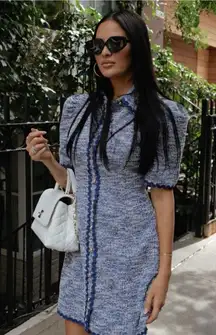 Rachel Parcell Shirt Dress Womens Blue Tweed Scallop Trim Button Front Preppy