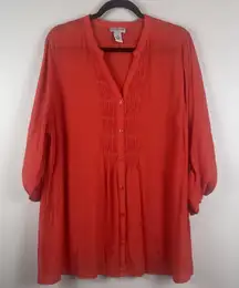 Catherine's Top Sz 0X Red Orange Pleated Button Front‎ Blouse Sheer Flowy Boho
