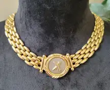 Women's Gold Plated Choker Necklaces With Round X Emblem And Fold Over Lock