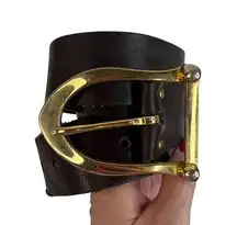 Vintage Garay Medium M Cowhide Brown Leather Belt Wide Design Gold Toned Buckle