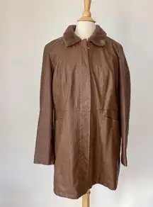 Baccini Brown Faux Leather + Fur Trim Coat
